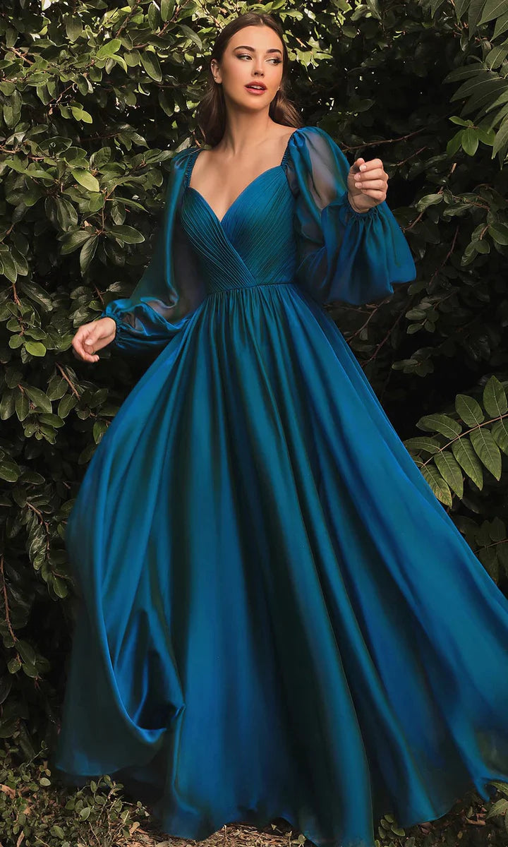 Ladivine CD243 CD243C Long Sleeve Chiffon A Line Formal Dress V Neck Bridesmaid Dress Bridesmaid Be tantalized by the allure of this fascinating Cinderella Divine CD243 creation. Fluttering into an ethereal silhouette, this gown flatters with a sweetheart neckline on a pleat-rendered bodice. Styled with a v-open back and framed with long bishop sleeves, the A-line skirt flutters into a floor grazing hemline with a sweeping train. Be impressed with the captivating style of this Cinderella Divine masterpiece.