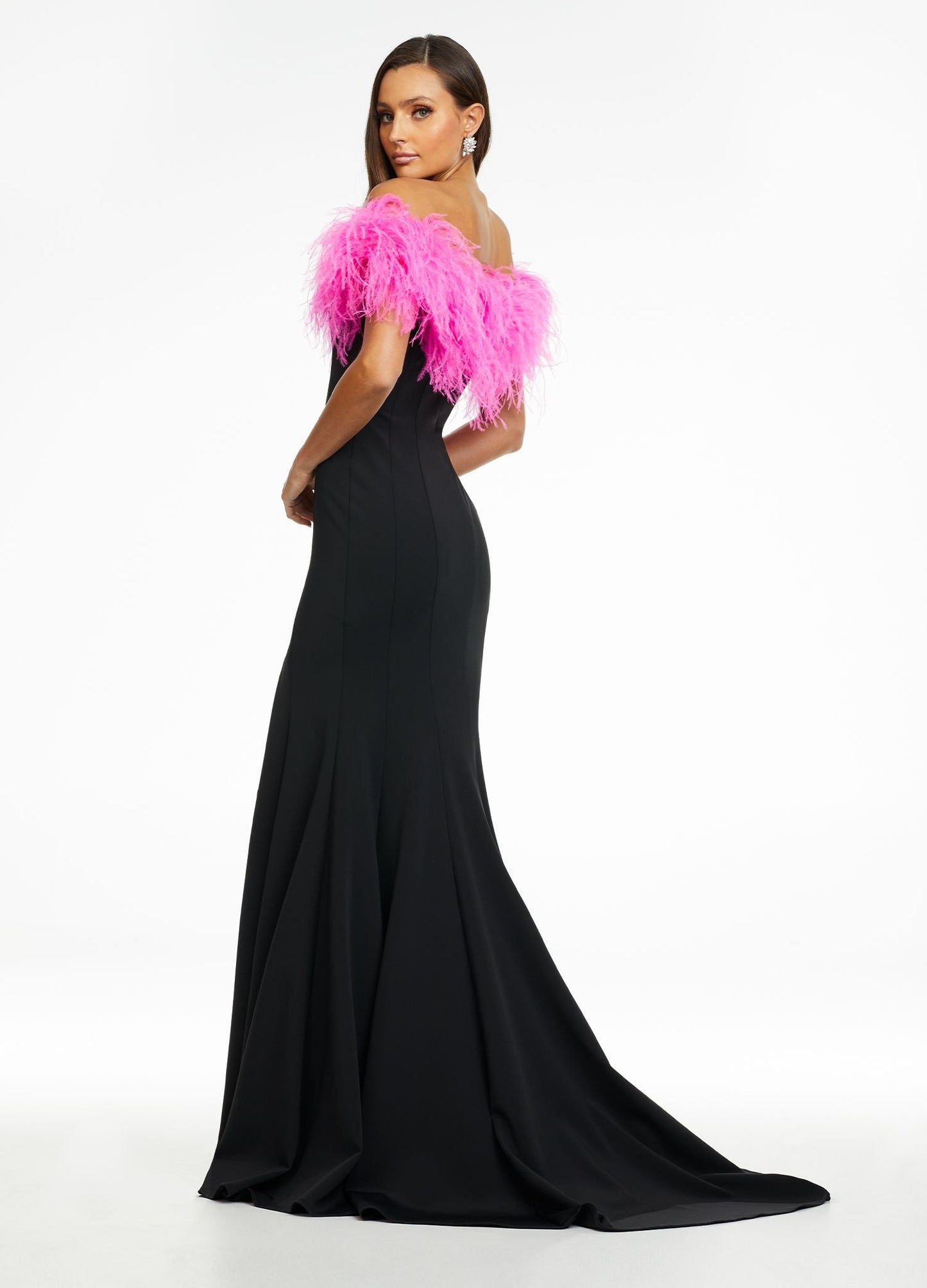 Ashley Lauren 11099 Feather Trimmed Prom Dress.  This elegant and fun prom dress is also excellent for pageants or other formal evening events.  It has an off the shoulder feather neckline that wraps all the way across your arms and to the back.  The long scuba skirt has a left leg slit and it has a train.  Colors:  Hot Pink, White, Turquoise, Hot Pink/Black  Sizes:   0, 2, 4, 6, 8, 10, 12, 14, 16