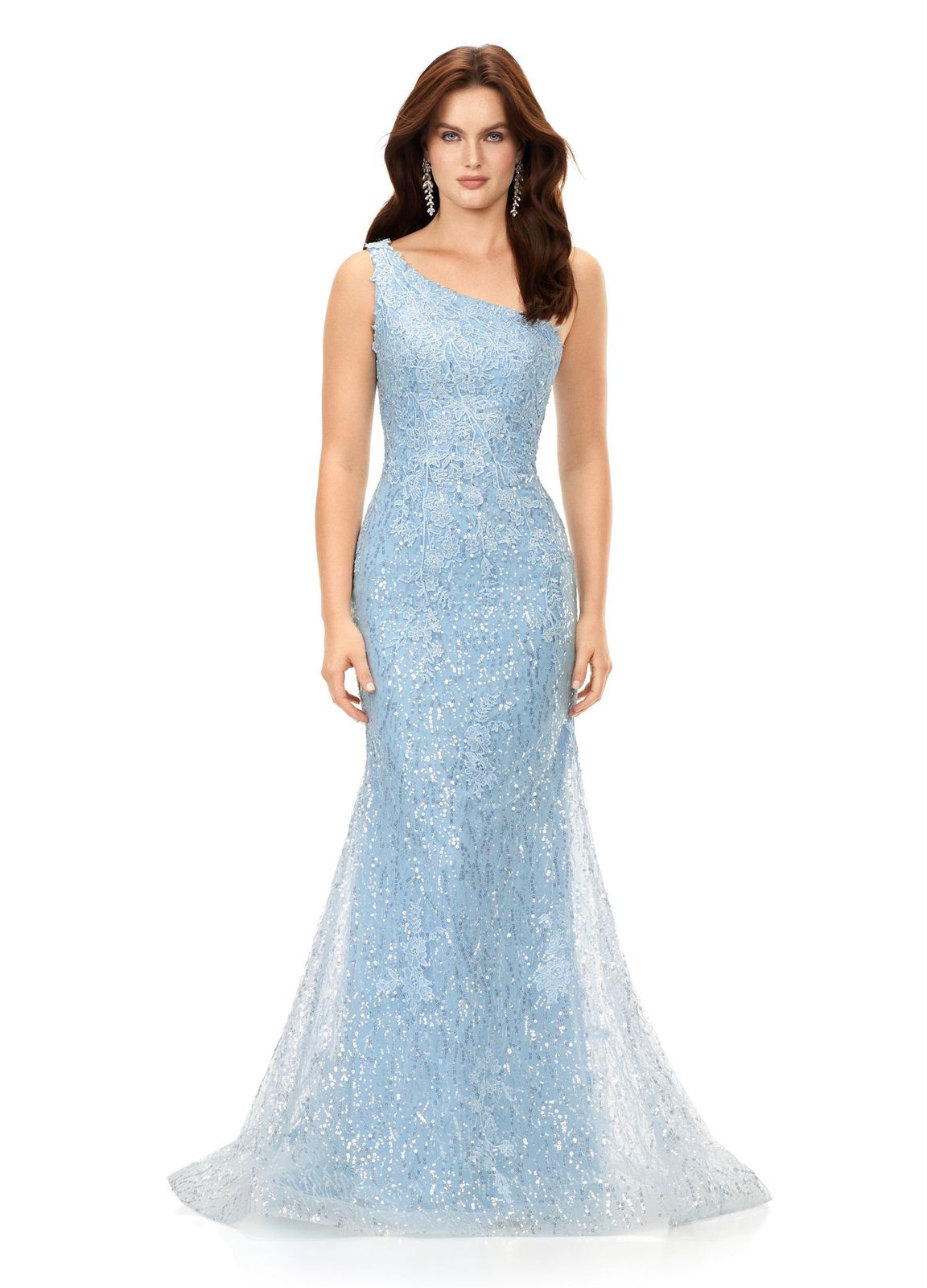 Ashley Lauren 11334 Feel ultra glamourous in this one shouldersequin gown. The bodice is embellished with lace appliques that cascade down onto the fitted skirt. The look is complete with a full zipper back. One Shoulder Fitted Skirt Sequin Applique Sweep Train COLORS: Sky, Lilac