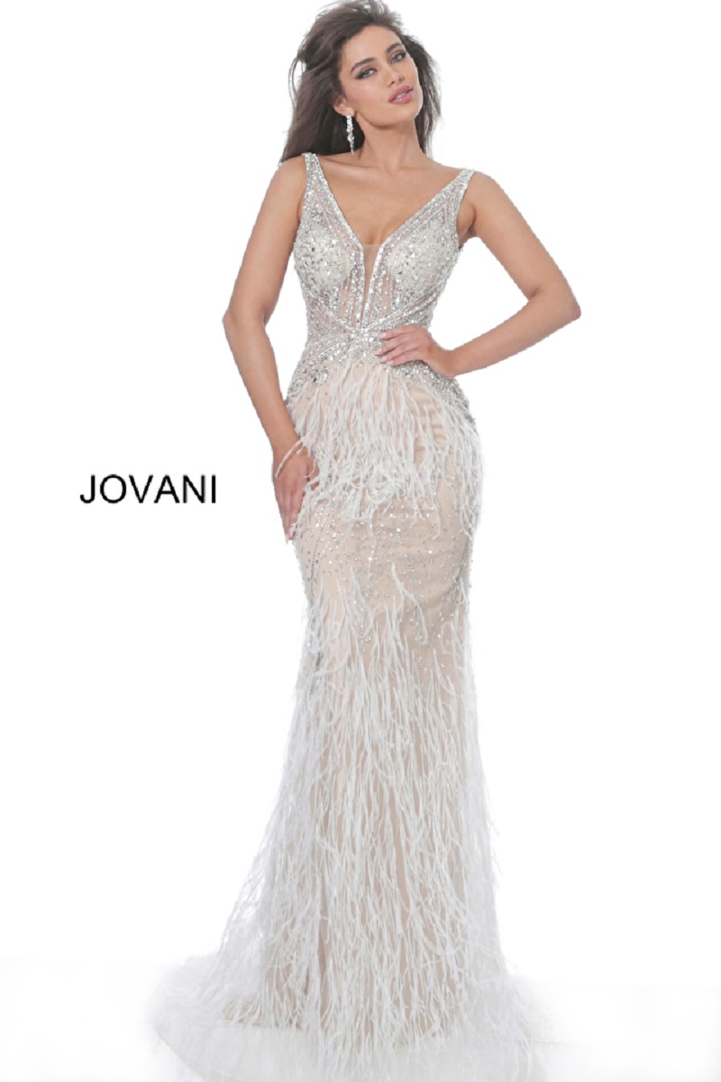 Jovani 03023 Sheer Crystal Prom Dress Feather Formal Evening Gown Wedding Pageant Couture