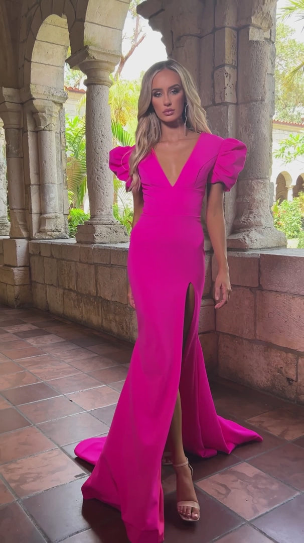 Ava_Presley_38868_Hot_Pink_Long_Fitted_Fitted_Backless_Puff_Sleeve_Formal_V_Neck_Prom_Dress_Slit_Gown