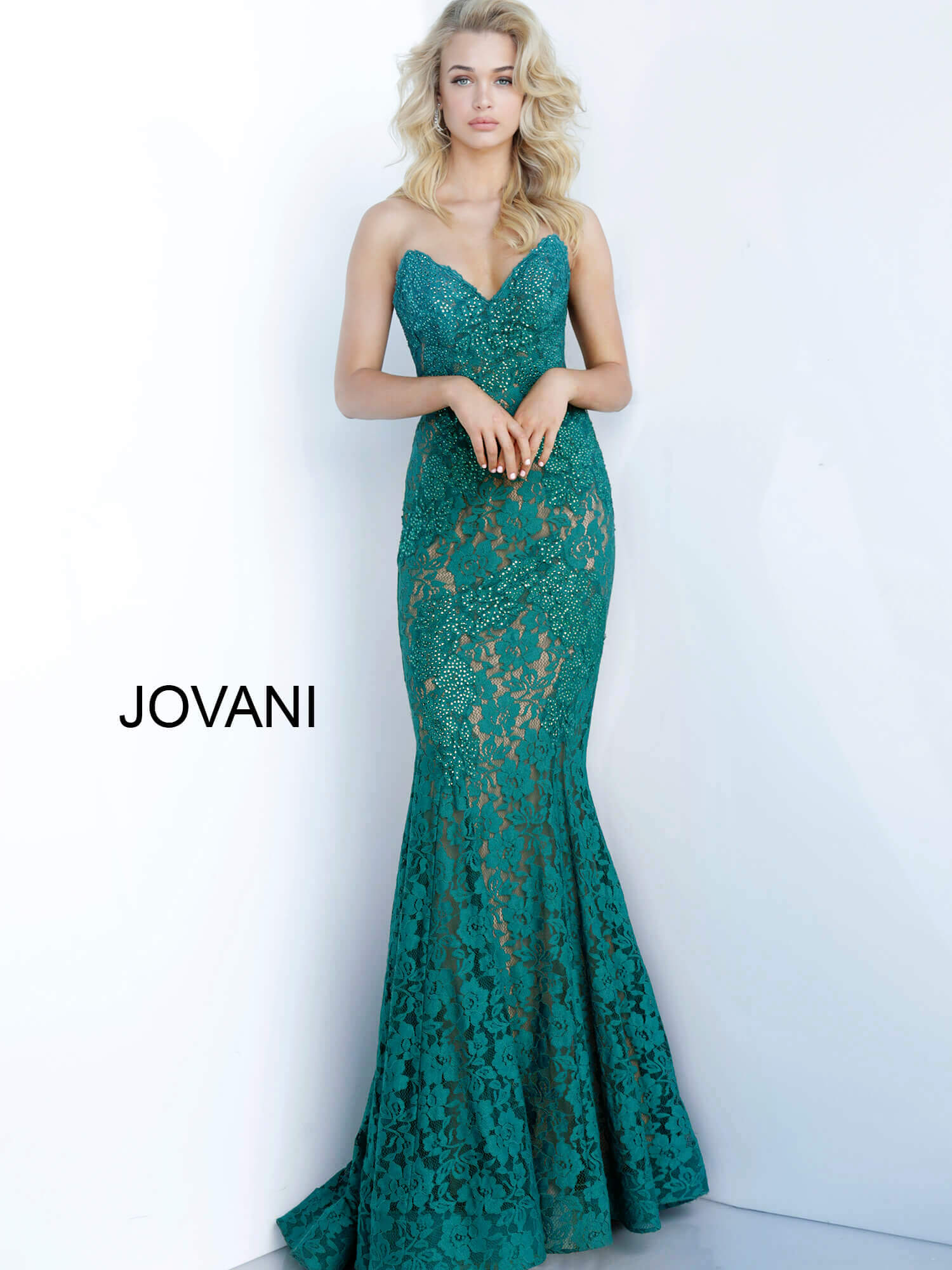 Jovani 37334 This beautiful, fitted, strapless lace dress features a sweetheart neckline. The top half of the trumpet dress is accessorized with rhinestones. Stretch nude lining with stretch lace overlay, heat set stones, form fitting, strapless. Available Sizes: 00,0,2,4,6,8,10,12,14,16,18,20,22,24  Available Colors: BLACK, BRIGHT PINK, DUSTY PINK, EMERALD, FUCHSIA, IVORY, LIGHT-BLUE, LILAC, MAUVE, NAVY, PERRIWINKLE, RED, ROYAL