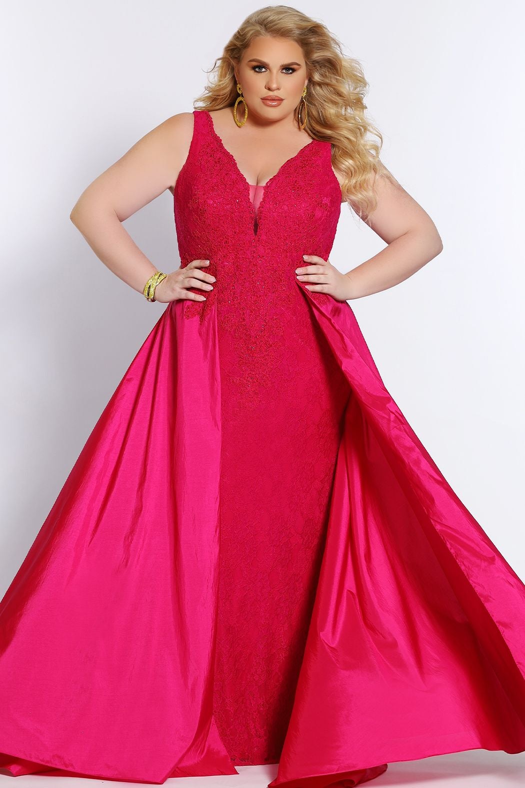 Johnathan Kayne Sydney's Closet JK2016 Size 18 & 24 Fuchsia lace prom dress with overskirt