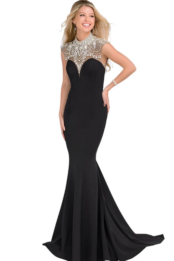 JVN47786 This is a black stretch jersey mermaid evening gown that features a scalloped jeweled sheer neckline and open back. Prom Dress 