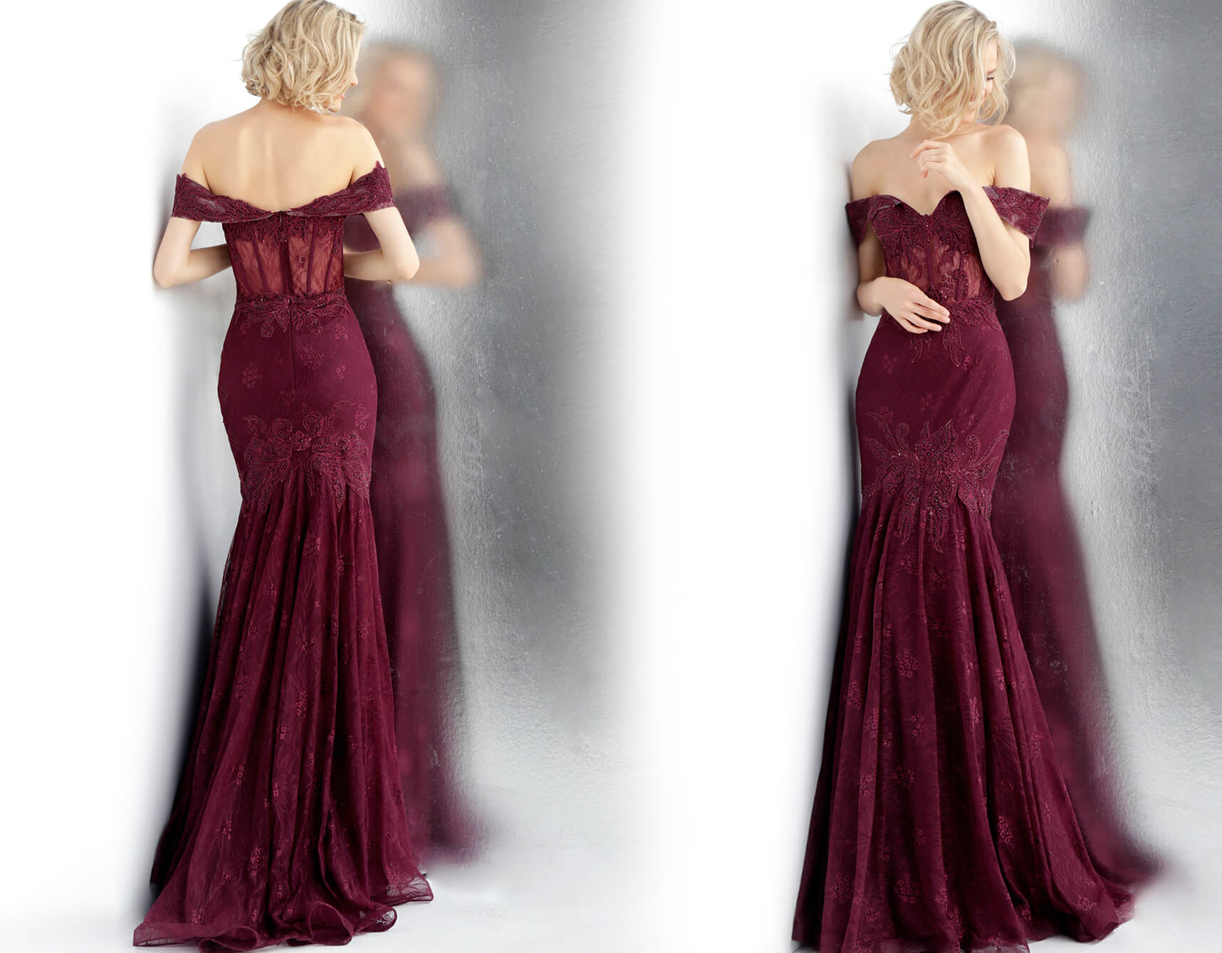 JVN66981 Bordeaux embroidered and embellished prom dress with an off-the-shoulder sheer corset bodice, sweetheart neckline and sheer back, floor-length fitted skirt with a pleated end and sweeping train.