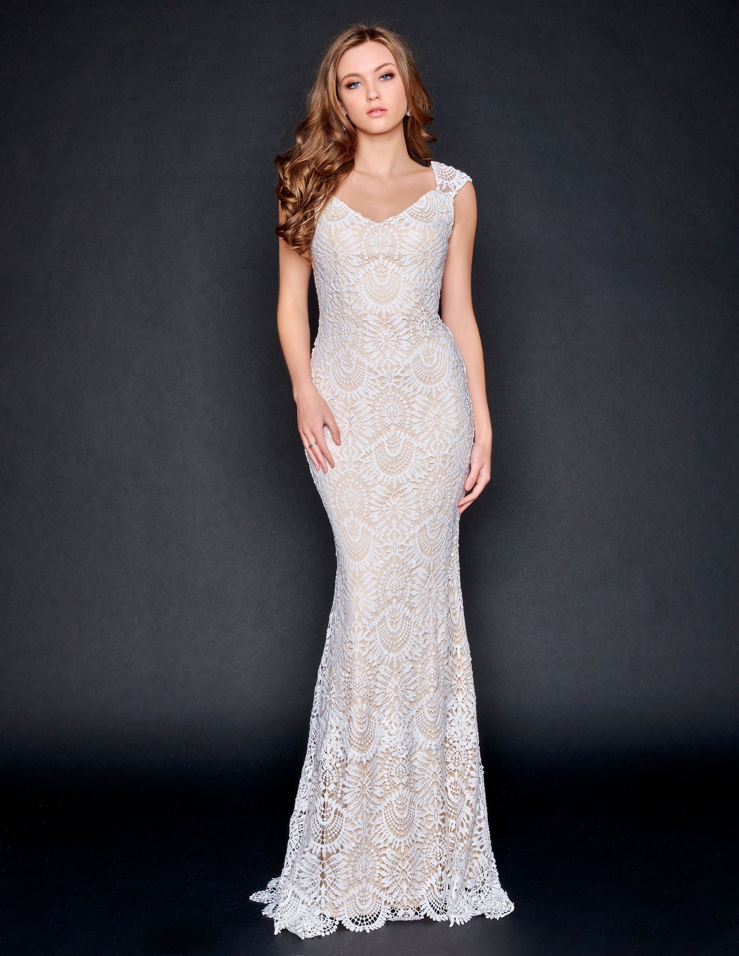 Nina Canacci 3171 Ivory Nude Boho Wedding Dress Boho Lace Cap Sleeves Destination Bridal Gown