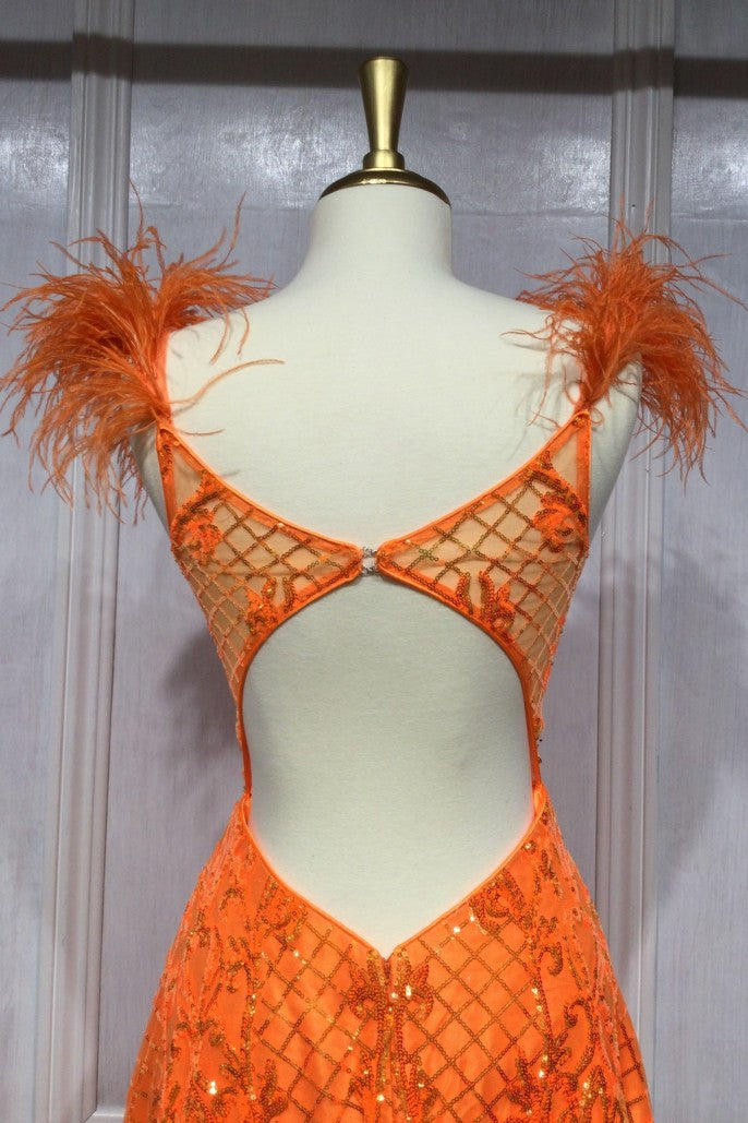 Ladivine KV1076 Size 2 Neon Orange Sequin Feather Prom Dress A Line Sheer Backless Formal Gown