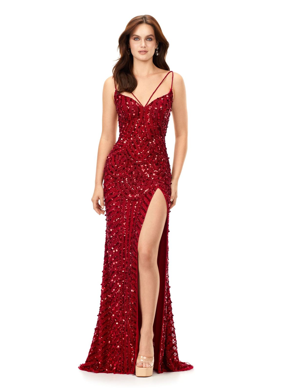 Ashley Lauren 11363 This stunning gown is hand beaded with sequins in an intricate, detailed pattern. Featuring an open back and spaghetti straps, the dress is complete with a left leg slit. Sweetheart Neckline Spaghetti Straps Open Back Left Leg Slit COLORS: Hot Pink, Red, Black, Gold