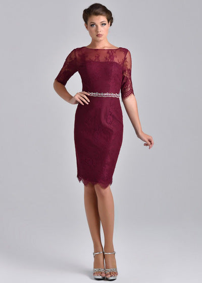 Nina Canacci M214 is a short fitted formal evening cocktail dress. featuring a sheer eyelash lace high neckline and lone 3/4 sleeves. Fitted solid lace knee length gown has eyelash lace hem. Perfect for wedding guest, Mother of the Bride/Groom, Formal &amp; Semi formal events! Matching solid 3/4 cuff sleeve bolero jacket.&nbsp;