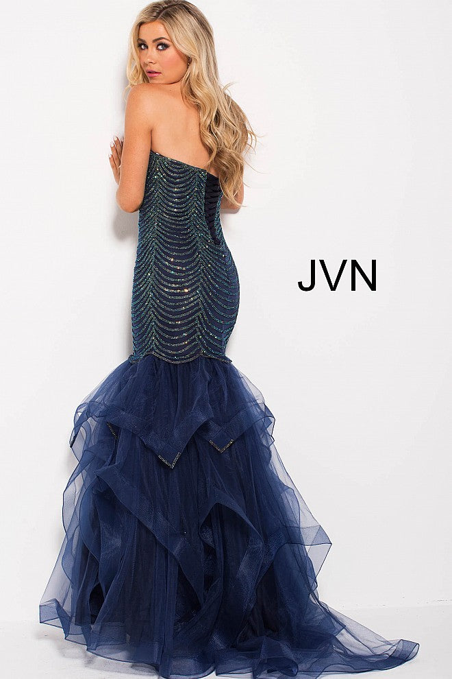 Jovani JVN60604 Size 8 Navy Embellished Mermaid Ruffle Prom Dress Pageant