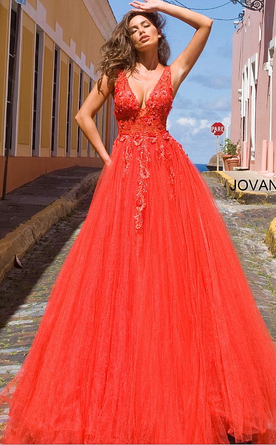 Jovani 55634 floral appliques v neckline prom dress ballgown Tulle ballgown, floor length, floral appliques, sheer sleeveless bodice, bra cups, v neckline and back.  Available Colors: black, champagne, navy/black, off white/blush, off white/light blue, off white/off white, off white/yellow, off white/ lilac, red, teal  Available Sizes: 00 - 24