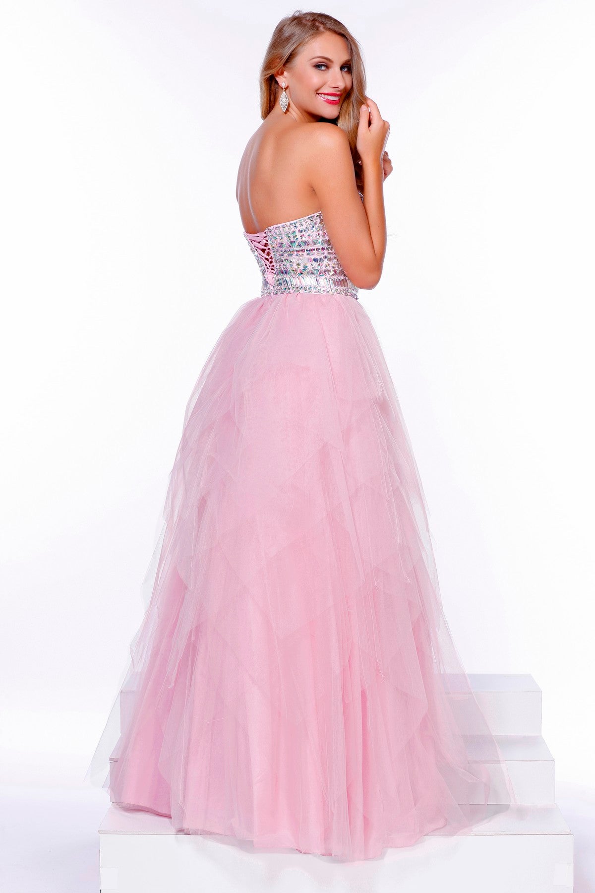 Nox Anabel 2740 Crystal Rhinestone Bodice with lace up corset back. A Line ballgown skirt with layered tulle for a fairy style design! Prom Dress Tulle A line Layered Skirt Formal Ballgown  Available Size & Colors:  Size 2 Lavender  Size 4 Baby Pink  Size 6 Mint Green