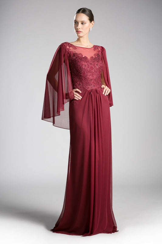 CD 0001 Size 10 Burgundy Long Mother Of Chiffon Formal Dress Draped Cape Sleeve Lace