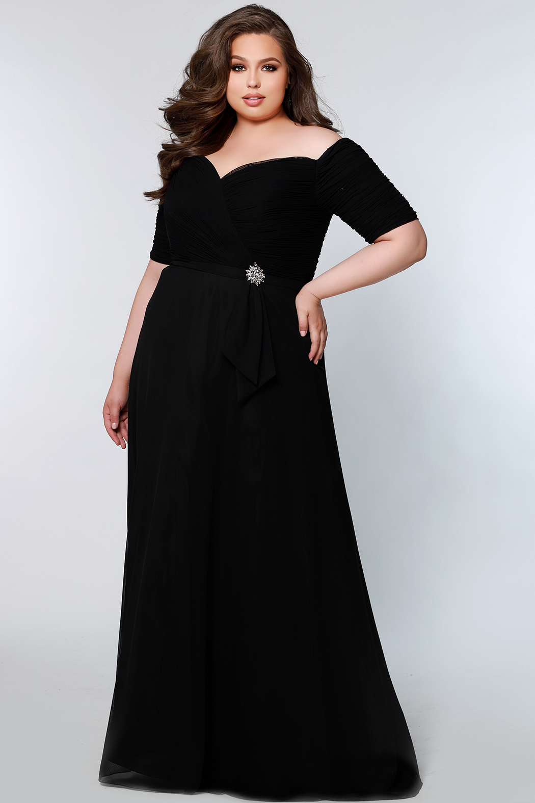 Sydney's Closet CE2009 Off the Shoulder Evening Dress Three Quarter Sleeves Flowy