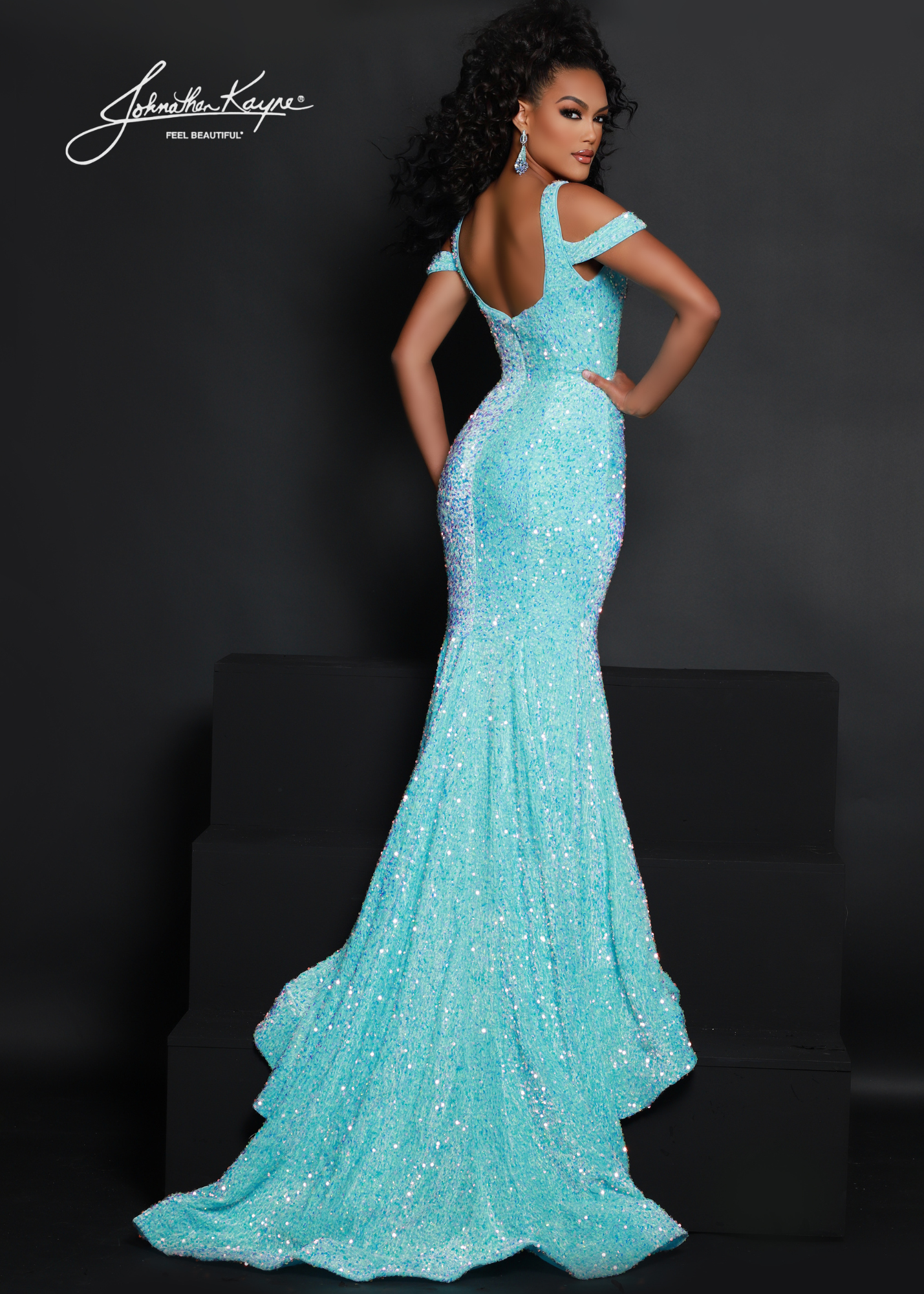 Johnathan Kayne 2678 sequin stretch velvet gown with off shoulder straps Lush Mermaid skirt and train perfect for Pageants  Available Sizes:00-24  Available Colors: Aqua, Magenta, Multi