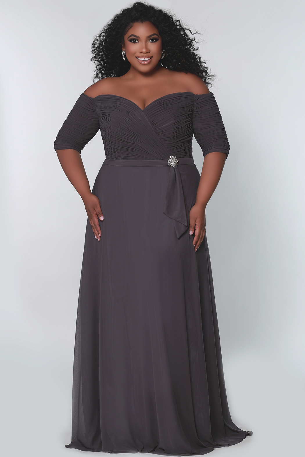 Sydney's Closet CE2009 Off the Shoulder Evening Dress Three Quarter Sleeves Flowy