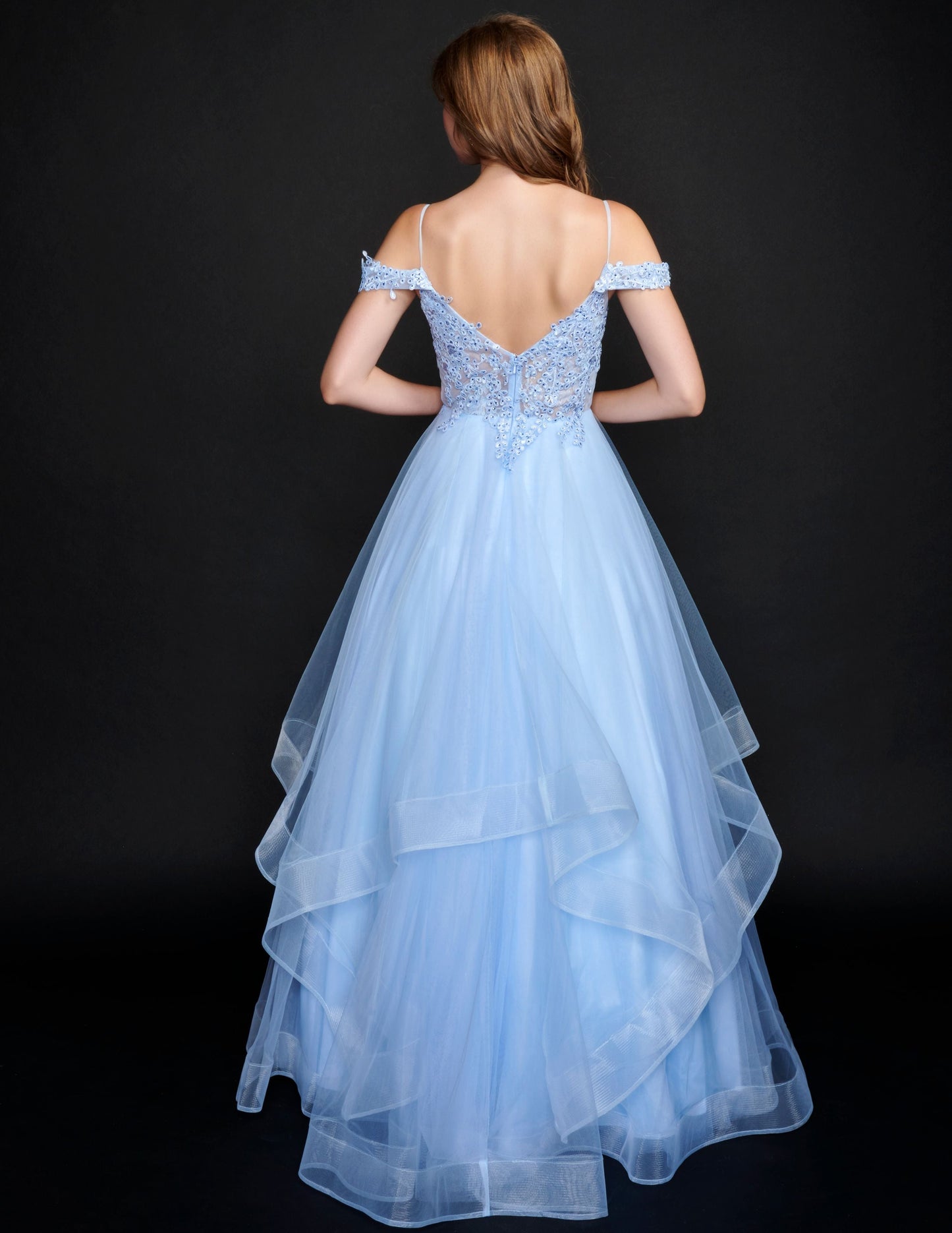 Nina Canacci 5205 Long Ballgown Prom Pageant Gown Long Sheer Ruffle Ballgown Prom Dress off the Shoulder Bridal Gown  Available Color- Ivory, Baby Blue  Available Size- 4-24