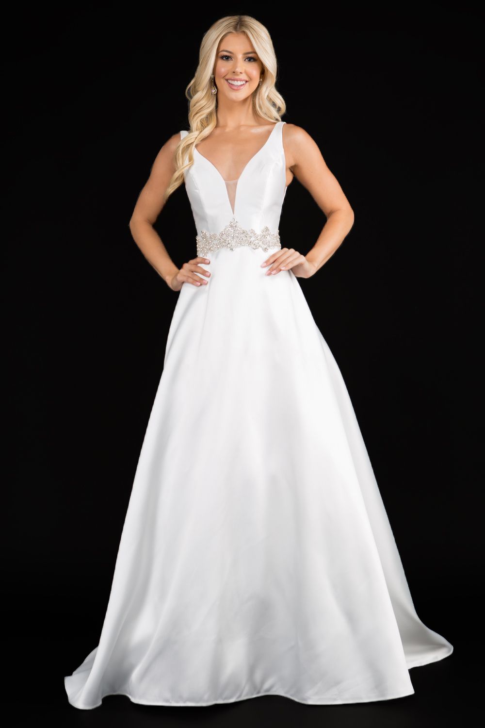 Nina Canacci 2297 plunging neckline A line prom dress formal evening gown with an embellished waistline. Perfect for a wedding dress in Ivory.   Color: Ivory, Emerald, Royal  Sizes:  8,10,12,14,16, 18, 20, 22, 24 